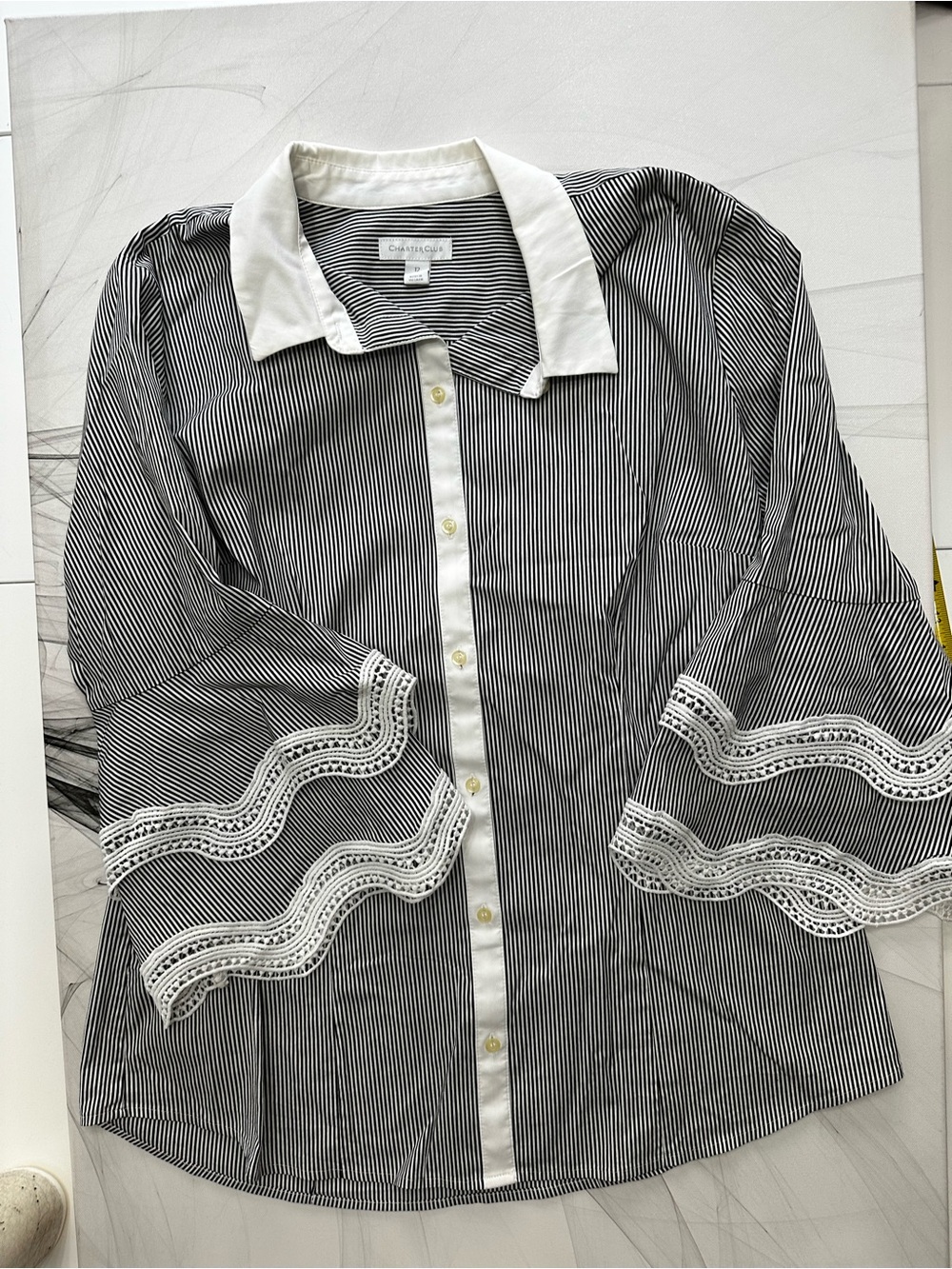 Charter Club Striped Lace Sleeve Button Up Blouse Black White Size 12 Like New